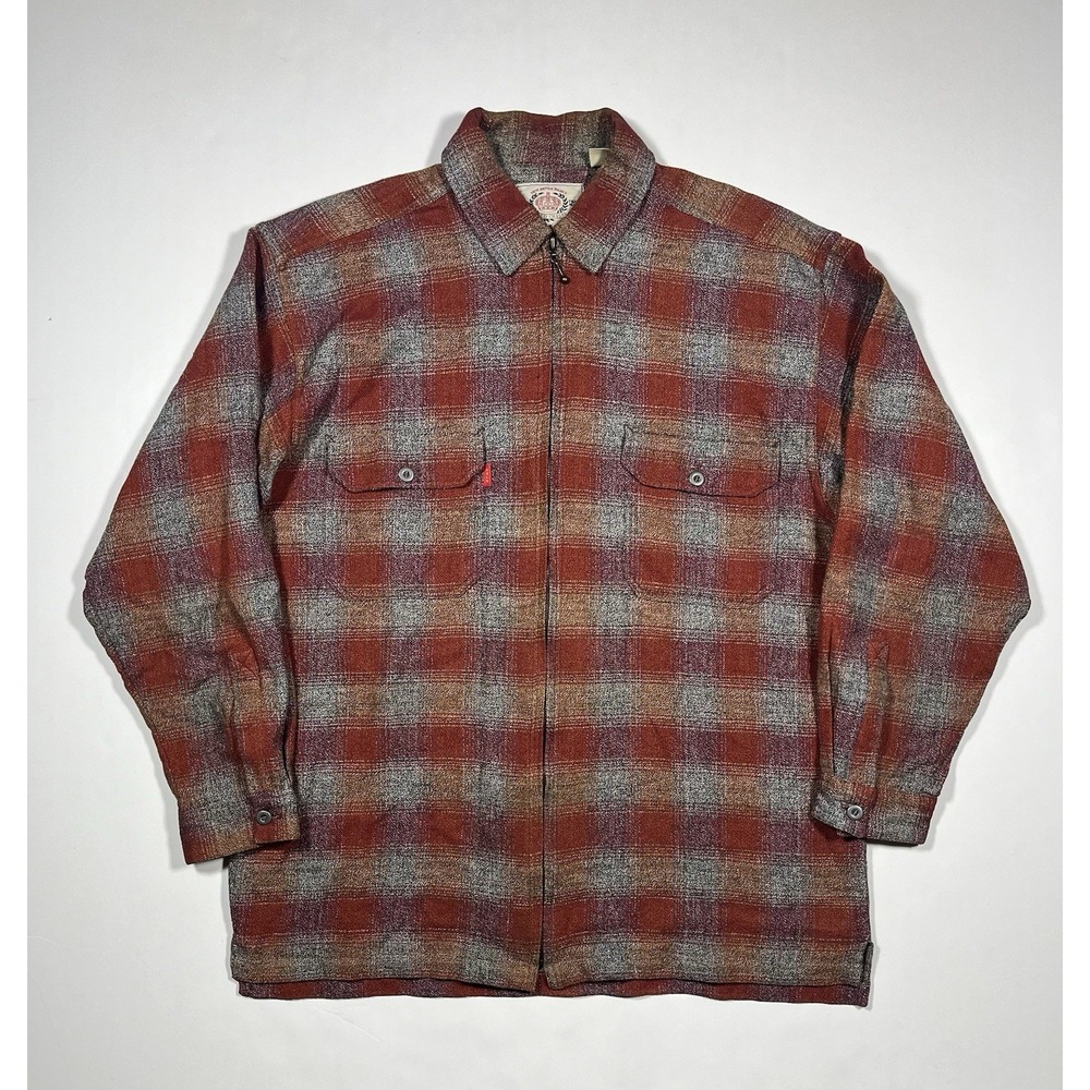 VTG Bugle Boy Flannel Shirt Jacket Mens XL Plaid Gold Crest Full Zip